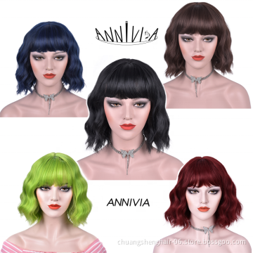 Hot Cheap Custom Color Wigs glueless afro natural body wave headband synthetic kinky hair short curly bob wigs wig with bangs